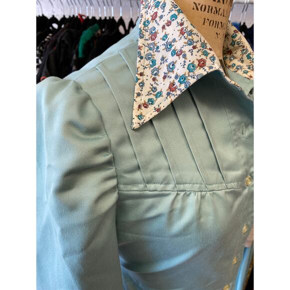 Vintage 1970s cropped aqua cotton jacket with puff shoulders floral trim small - Picture 6 of 8